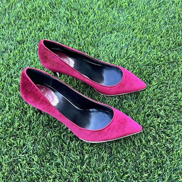 Rene Caovilla Velvet Strass Crystal Point-Toe Pump Women's Red Heel Size 5.5 - Picture 15 of 17